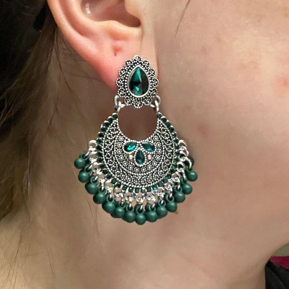 Chand Bali Style Earrings, Rhinestone Boho Earrings With Bell &‎ Tassel Decor